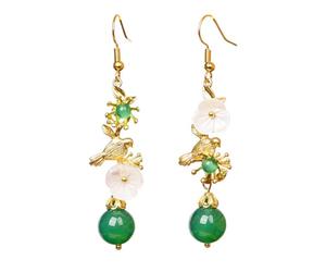 BCOATH Boucles D'oreilles Longues en Agate Verte Style Ethnique Chinois, Pendentifs en Cuivre et Coquillage, pour Rencontrer les Parents de Votre Petit Ami