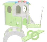 BCOATH Cachette pour Hamster 4 Pièces Colorée Balançoire, Bascule, Pont Vert Blanc Grand Modèle et Maisonnette à Toit Coloré Habitat Ludique pour Petits Animaux, Hamster Sécurisé