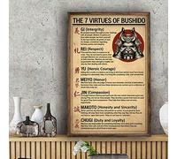 BCTS Poster brillant des sept vertus de Bushido avec citations de guerrier samouraï, décoration murale, décoration intérieure, 30,5 x 40,6 cm