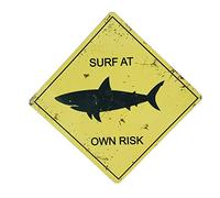 BCTS Surf At Own Risk Plaque en métal Motif requin Jaune vieilli 30,5 x 30,5 cm