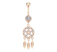 BCughia Bijou Piercing Nombril, Piercing Nombril Pendant Or Rose Acier Inoxydable 14G Zircon Cubique Conception D'Attrape Rêves Fêtes de Plage