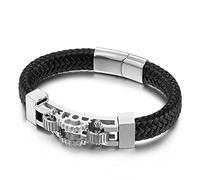 BCughia Bracelet Cuir Homme, Petit Bracelet Argent Acier Inoxydable Cuir Maille Corde Tissage D'Engrenages Mariage Cadeau Bijoux Homme 21cmx12mm