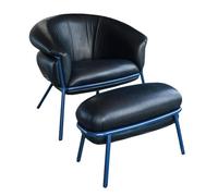BD BARCELONA DESIGN fauteuil avec repose-pied pouf ottoman GRASSO (Black F10 et structure bleue - cuir Florida Cat. F et acier verni)