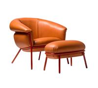 BD BARCELONA DESIGN fauteuil avec repose-pied pouf ottoman GRASSO (Dark Orange F20 et structure rouge - cuir Florida Cat. F et acier verni)