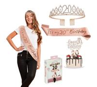 Bday® Kit Anniversaire 20 Ans Fille | Echarpe Miss Rose Doré | Diadème Couronne avec Strass | Bougies Chiffre 20 | Accessoire Fête Inoubliable | Décoration Anniversaires Femme | OriginalCorner®