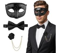 BDBFPAN Lot de 3 masques vénitiens noirs, masque vénitien noir, accessoires de bal masqué, ensemble élégant avec broche rose et nœud papillon, pour les occasions formelles et les fêtes costumées