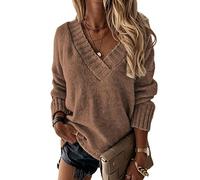 BDCUYAHSKL Automne Et Hiver DéContracté Mode Femmes Col en V Couleur Unie à Manches Longues Pull en Tricot Chemisier Pull Pull Ample Femmes, Marron, S