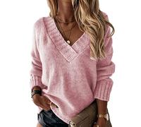 BDCUYAHSKL Automne Et Hiver DéContracté Mode Femmes Col en V Couleur Unie à Manches Longues Pull en Tricot Chemisier Pull Pull Ample Femmes Rose L