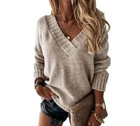 BDCUYAHSKL Automne Et Hiver DéContracté Mode Femmes Col en V Couleur Unie à Manches Longues Pull en Tricot Chemisier Pull Pull Ample Femmes, Apricot, S