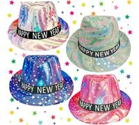 Bdecoll Lot de 4 chapeaux de fête du Nouvel An 2026, chapeau Fedora scintillant pour le Nouvel An, ruban avec inscription « Happy New Year », décoration de fête du Nouvel An 2026 (Vivid)