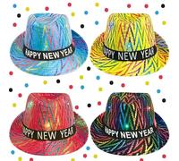 Bdecoll Lot de 4 chapeaux de fête du Nouvel An 2026, chapeau Fedora scintillant pour le Nouvel An, ruban avec inscription « Happy New Year », décoration de fête du Nouvel An 2026 (classique)