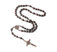 BDEPSTR Collier de Chapelet Croix Catholique, Chaîne de Prière en Bois Naturel avec Médaille Jésus-Christ Saint-Benoît