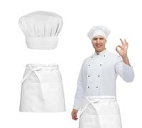 BDHYYM Tablier de Cuisine Toque de Cuisinier Set, Toque Cuisinier Tablier Blanc, Tablier de Cuisine Homme Femme Chapeau de Chef ÉLastique pour Boulangers, Cuisines, Maisons, Restaurants, Hôtels