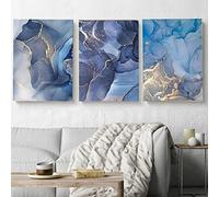 BDKCYO Lot de 3 tableaux sur toile marbré abstrait bleu doré - Peinture nordique - Texture dorée - Marbre - Tableau mural pour salon - Bleu - Sans cadre (B,40 x 60 cm)