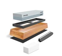 BDLLMDES Pierre à Aiguiser 2 en 1 Aiguiseur Couteaux Pierre à Aplatir, Base en Bambou Antidérapante, Guide d'Angle (400/1000 Ensemble Blanc avec Marron Clair)