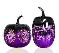 Bdor Lot de 2 citrouilles en verre violet d'Halloween - Citrouilles sorcières éclairées à DEL avec motifs lune et soleil - Décoration d'automne effrayante pour table, cheminée ou centre de table de