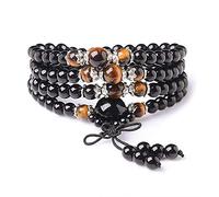 BDSHGRDH Bracelet en obsidienne noire naturelle et œil de tigre, 108 perles extensibles, 6 mm et 8 mm, chapelet Bouddha
