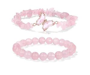 BDSHGRDH bracelets à perles, Bracelet extensible en agate cristal de guérison, composé 2 perles papillon 8 mm, fait main, porte-bonheur et pierre chakra(Pink)