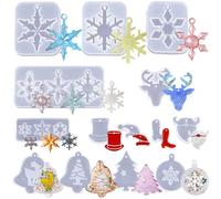 BDSHUNBF 14 Pcs Moules en Résine de Noël, Moule Silicone Resine Époxy Noël, Fabrication de Bijoux Moule de Décoration de Noël Arbre Flocons de Neige Renne Bricolage Cadeaux de Noël