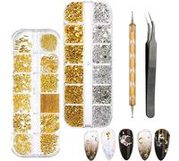 BDSHUNBF 1400 Pièces Strass Nail Art Kit, Etoiles Lune Strass Ongle Nail Art, Or Strass Ongles, avec 1 Pièces Pince à Épiler et Stylo Pointeur Strass, pour Décoration Ongles Art, DIY Accessoire