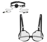 BDSMJOY 3-IN-1 Kit BDSM Retenue et Bondage,Baillon BDSM avec Chaîne de Pinces pour Mamelon + Harnais Femme BDSM Bh Lingerie et vêtements Sexy Costume Réglable Bâillon de bouche Bâillons Gag (Noir)