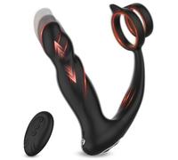 BDSMYOU 2 en 1 Double Anneau Vibrant Pénis Homme + Stimulant Vibrant,Plug Anal Vibrant avec Fonction de Poussée,10 Modes de Vibration pour Plaisir Anal & Pénien Intense,Sextoys Homme (A)