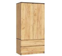 BDW Armoire 2 Portes, 4 étagères, portemanteau, 2 tiroirs, portemanteau, Armoire à tiroirs, Armoire penderie pour Chambre à Coucher, Salon, 180x90x51cm, (Chêne Craft)
