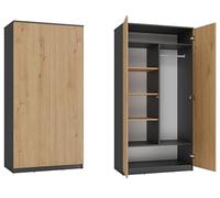 BDW Armoire 2 portes, 6 étagères, portant à vêtements, armoire polyvalente, armoire à tiroirs, armoire-penderie pour chambre à coucher, espaces de vie, 180 x 90 x 50 cm, (anthracite/chêne artisanal)