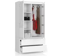 BDW Armoire avec 2 Portes et 4 étagères - Cintre - 2 tiroirs - Surface Brillante - Armoire pour la Chambre à Coucher Salon Hall - 180x90x51cm - Blanc