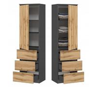 BDW - Armoire avec Tiroirs - 3 Tiroirs et Étagères - Meuble de Rangement de 50 cm L 180,5 cm H et 40 cm P - Dressing Chambre Adulte ou Chambre Enfant - Graphite/Chêne Wotan