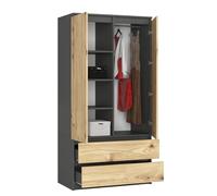 BDW Armoire de Rangement - Penderie à 2 Portes, 4 Etagères, 2 Tiroirs - Armoire Chambre à Coucher, Salon, Entrée - Placard Stylé pour Intérieur Moderne - 180x90x51cm - Gris/Chêne Artisan
