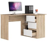 BDW Bureau d'angle à Droite, 3 tiroirs et 2 étagères, Beaucoup de Place pour se déployer, pour Chambres d'adolescents, Bureaux et ateliers, Table de Bureau 124x77x85 cm, Chêne Sonoma/Blanc