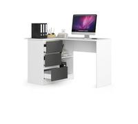 BDW Bureau d'angle Blanc/Gris à Gauche, 3 tiroirs à Droite et 2 étagères, Beaucoup de Place pour se déployer. Parfait pour Les Chambres d'adolescents, Les Bureaux et Les ateliers.