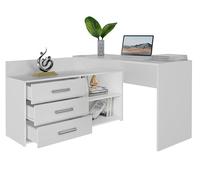 BDW Bureau d'angle droit, 3 tiroirs et 2 étagères, espace dépliable, pour chambre d'adolescent, atelier, bureau d'ordinateur, 120 x 76 x 50 cm, blanc