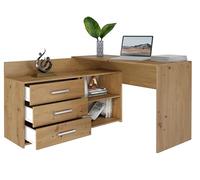 BDW Bureau d'angle droit, 3 tiroirs et 2 étagères, espace dépliable, pour chambre d'adolescent, ateliers, bureau d'ordinateur, 120 x 76 x 50 cm (chêne artisanal)