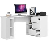 BDW Bureau d'angle Droit, 3 tiroirs et 4 étagères, Beaucoup de Place pour s'étendre, pour Chambres d'adolescents, Bureaux et ateliers, Table d'ordinateur, Table de Bureau, 155x77x86, Blanc