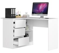 BDW Bureau d'angle Gauche, 3 tiroirs et 2 étagères, Bureau avec étagères, Beaucoup de Place pour se déployer, pour Chambres d'adolescents, Bureaux et ateliers, Table de Travail 124x77x85 cm, Blanc