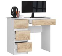 BDW Bureau de Jeu Avec 4 Tiroirs - Table d'Ordinateur - Petit Bureau 90x77x50cm - Blanc/Chêne Sonoma