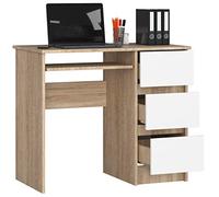 BDW Bureau d'ordinateur avec 3 tiroirs et 1 tiroir coulissant pour clavier, bureau pour ordinateur portable, école, bureau d'adolescent 90 x 77 x 50 cm, Chêne Sonoma/Blanc.
