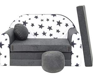 BDW Canapé-lit pour enfant avec pouf/coussin en coton, gris, 168 x 98 x 60 cm