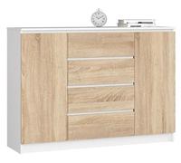 BDW - Commode à 4 tiroirs, Commode K140, Buffet à 2 Portes, Meuble de Salon, Chambre à Coucher, Couloir, Armoire de Bureau, matériau Robuste - 139x40x99 cm, Blanc/Chêne Sonoma