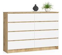BDW - Commode à 8 tiroirs, Commode K140, Buffet, Meuble de Salon, Chambre à Coucher, Couloir, Armoire de Bureau, matériau Robuste et Design Moderne - 138x40x99 cm, Chêne Artisan/Blanc