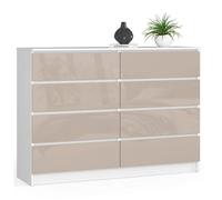 BDW - Commode à 8 tiroirs, Commode K140, Buffet, Meuble de Salon, Chambre à Coucher, Couloir, Armoire de Bureau, matériau Robuste et Design Moderne - 138x40x99 cm, Blanc/Cappuccino Brillant
