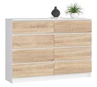 BDW - Commode à 8 tiroirs, Commode K140, Buffet, Meuble de Salon, Chambre à Coucher, Couloir, Armoire de Bureau, matériau Robuste et Design Moderne - 138x40x99 cm, Blanc/Chêne Sonoma