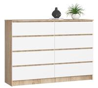 BDW - Commode à 8 tiroirs, Commode K140, Buffet, Meuble de Salon, Chambre à Coucher, Couloir, Armoire de Bureau, matériau Robuste et Design Moderne - 138x40x99 cm, Chêne Sonoma/Blanc