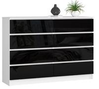 BDW - Commode à 8 tiroirs, Commode K140, Buffet, Meuble de Salon, Chambre à Coucher, Couloir, Armoire de Bureau, matériau Robuste et Design Moderne - 138x40x99 cm, Blanc/Noir Brillant