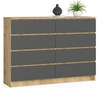 BDW - Commode à 8 tiroirs, Commode K140, Buffet, Meuble de Salon, Chambre à Coucher, Couloir, Armoire de Bureau, matériau Robuste et Design Moderne - 138x40x99 cm, Chêne Artisan/Gris