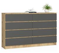 BDW - Commode à 8 tiroirs, Commode K160, Buffet, Meuble de Salon, Chambre à Coucher, Couloir, Armoire de Bureau, matériau Robuste et Design Moderne - 160x40x99 cm, Chêne Artisan/Gris