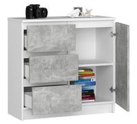 BDW - Commode avec 3 Tiroirs et 1 Porte - 80cm de Large, 77cm de Haut - Meuble, Buffet, Multi-Usages, Meuble À Chaussures, Commode, Classeur - Salon, Chambre, Couloir - Blanc/Béton