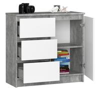 BDW - Commode avec 3 Tiroirs et 1 Porte - 80cm de Large, 77cm de Haut - Meuble, Buffet, Multi-Usages, Meuble À Chaussures, Commode, Classeur - Salon, Chambre, Couloir - Béton/Blanc